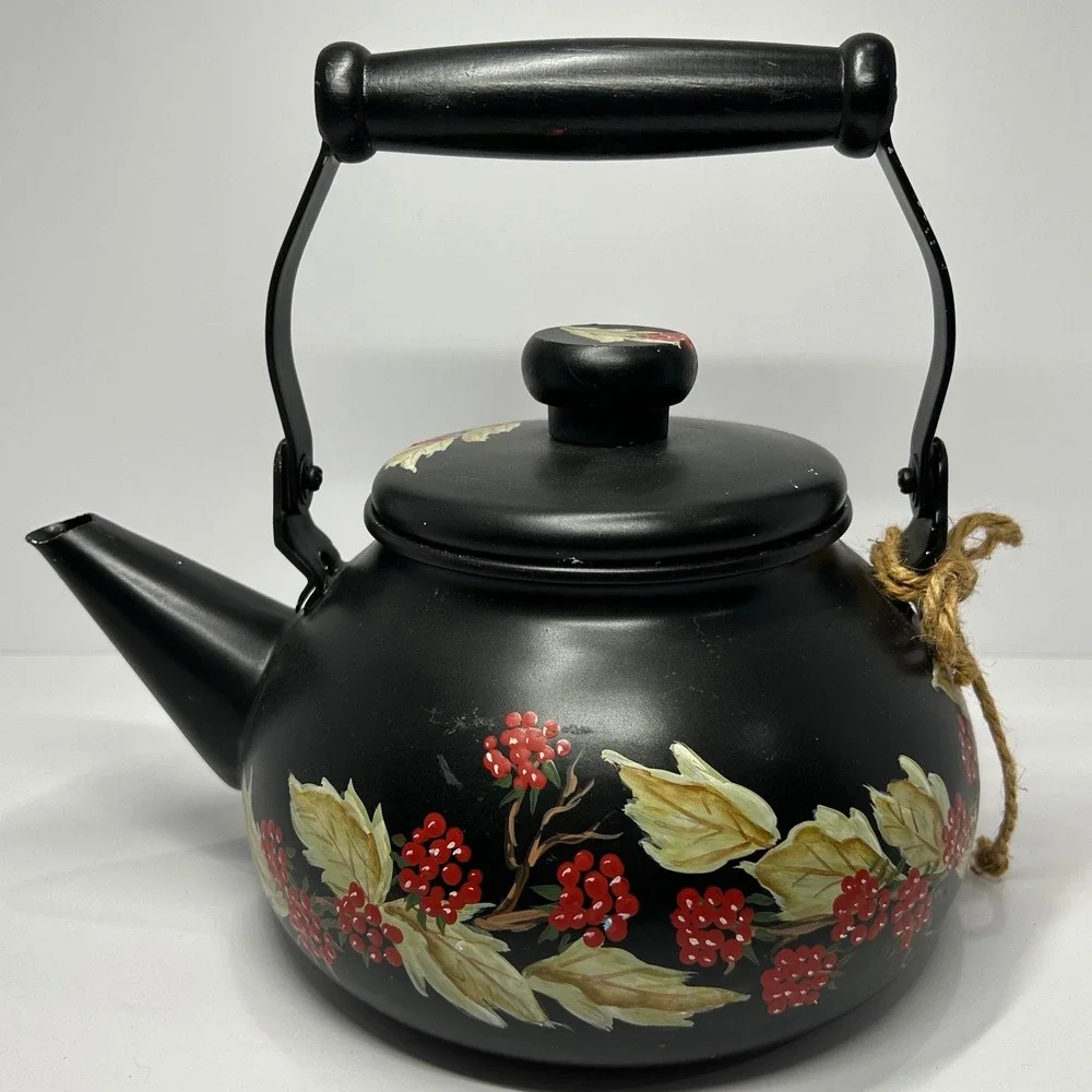 Hand Painted Matte‎ Black Tea Kettle Bird and Red Berries Decorative Farmhouse